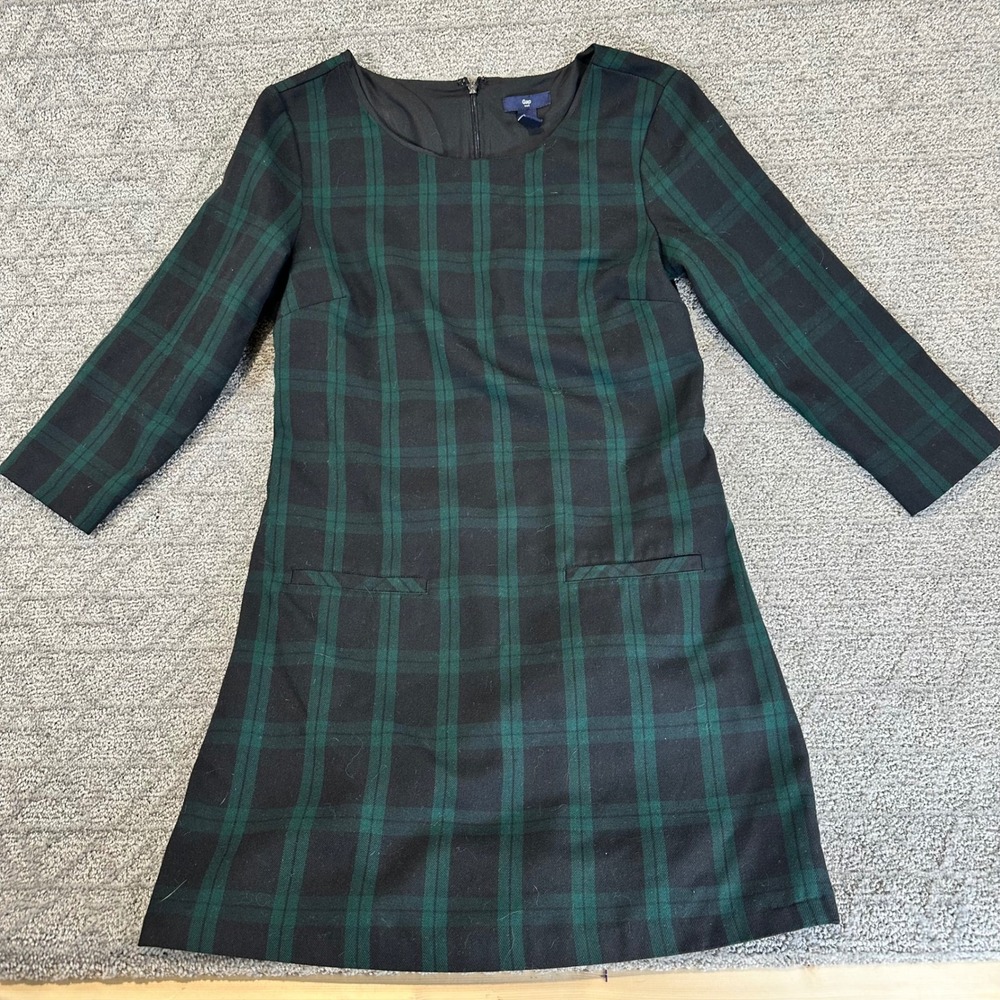 GAP Women Black Green Plaid Long Sleeve A-Line Dress Size 2
